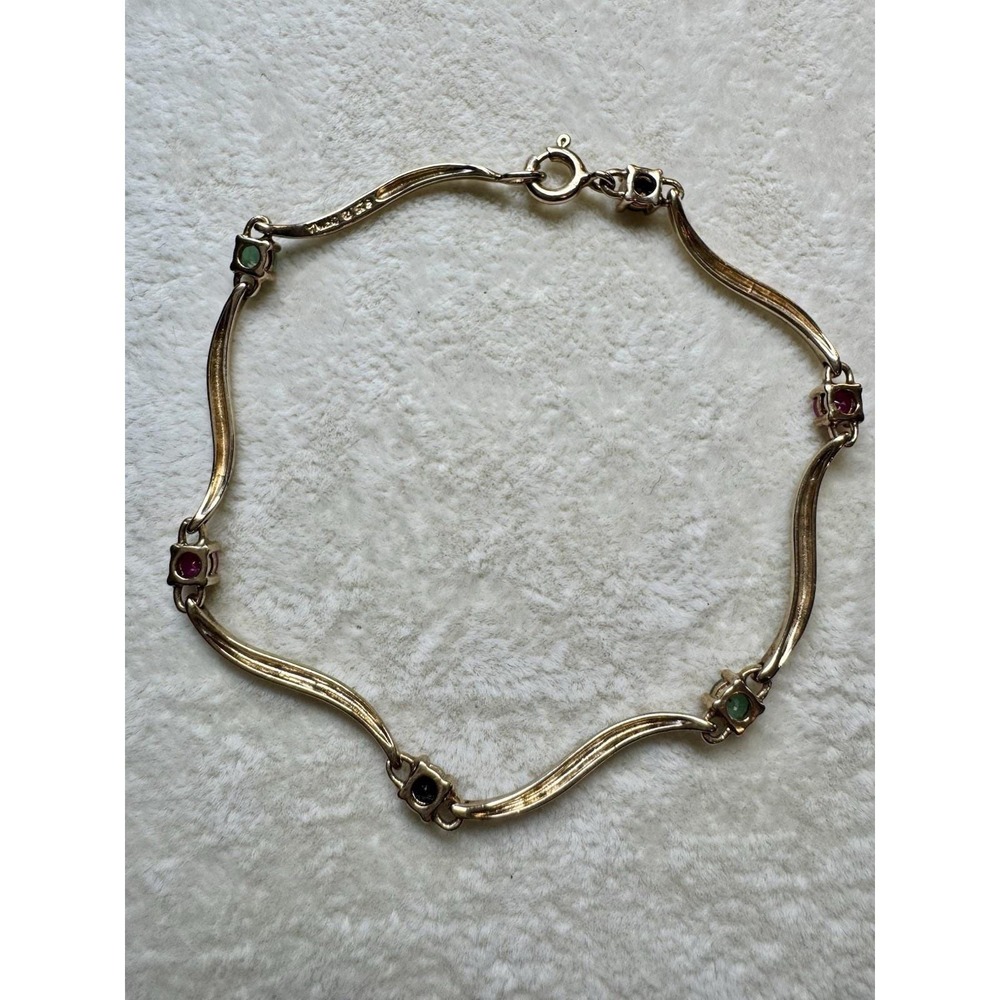 Yellow Gold Vermeil 925 Bracelet Wave Panel Multicolor Gemstone 7.25" Tennis - Picture 3 of 14